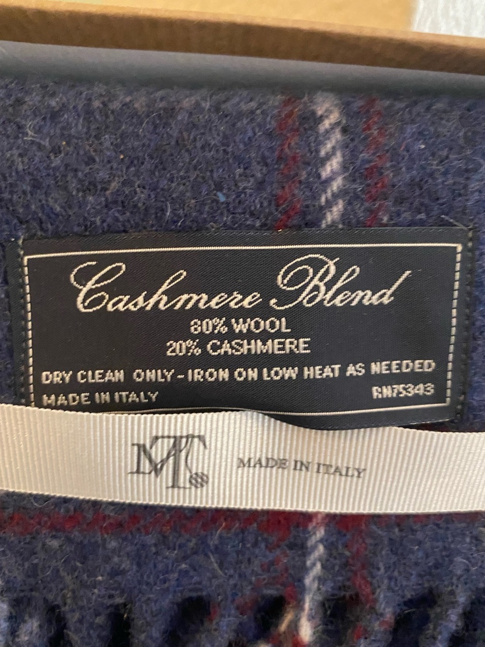 MT Men’s Wool/Cashmere Blend Scarf - Blue Plaid. New in Box. Italian.
